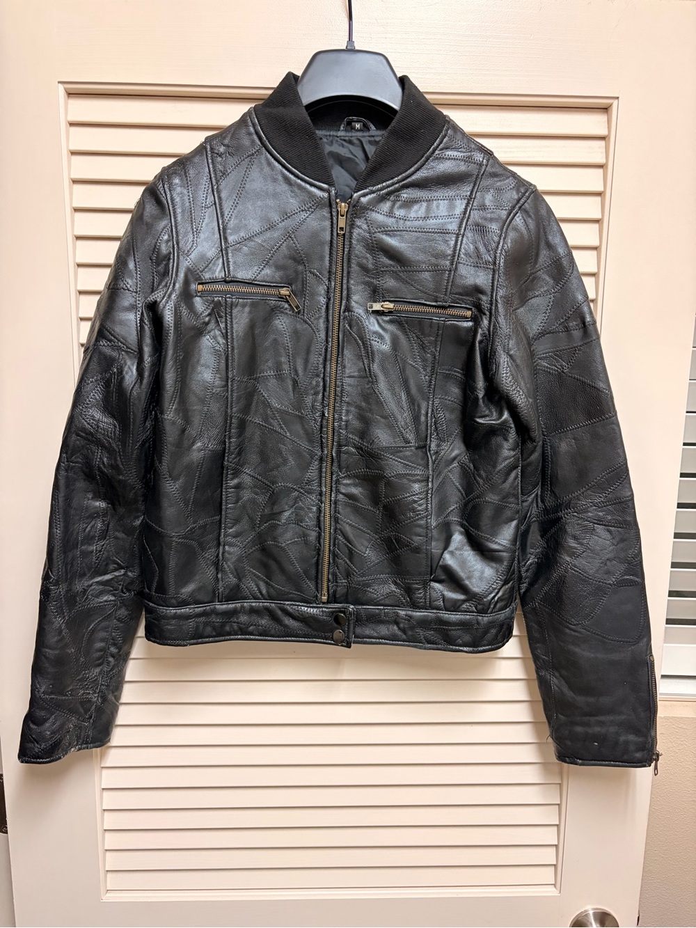 Vintage Patchwork Leather Bomber Jacket Womens Medium Black Zip Moto Cropped